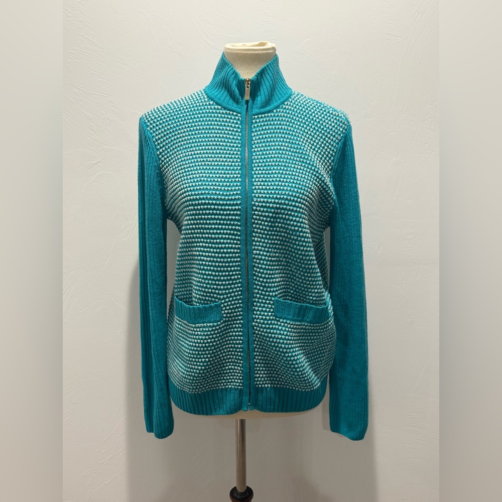St. John 100% Wool Turquoise and Cream Knit Sweater